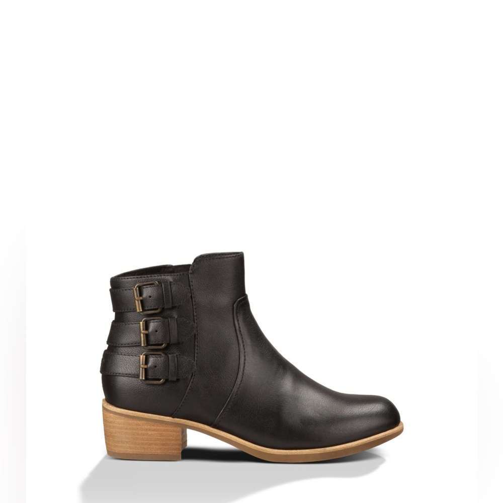 UGG AUS Volta Leather Black Ankle Boots with Triple Buckle Winter Heel Shoes